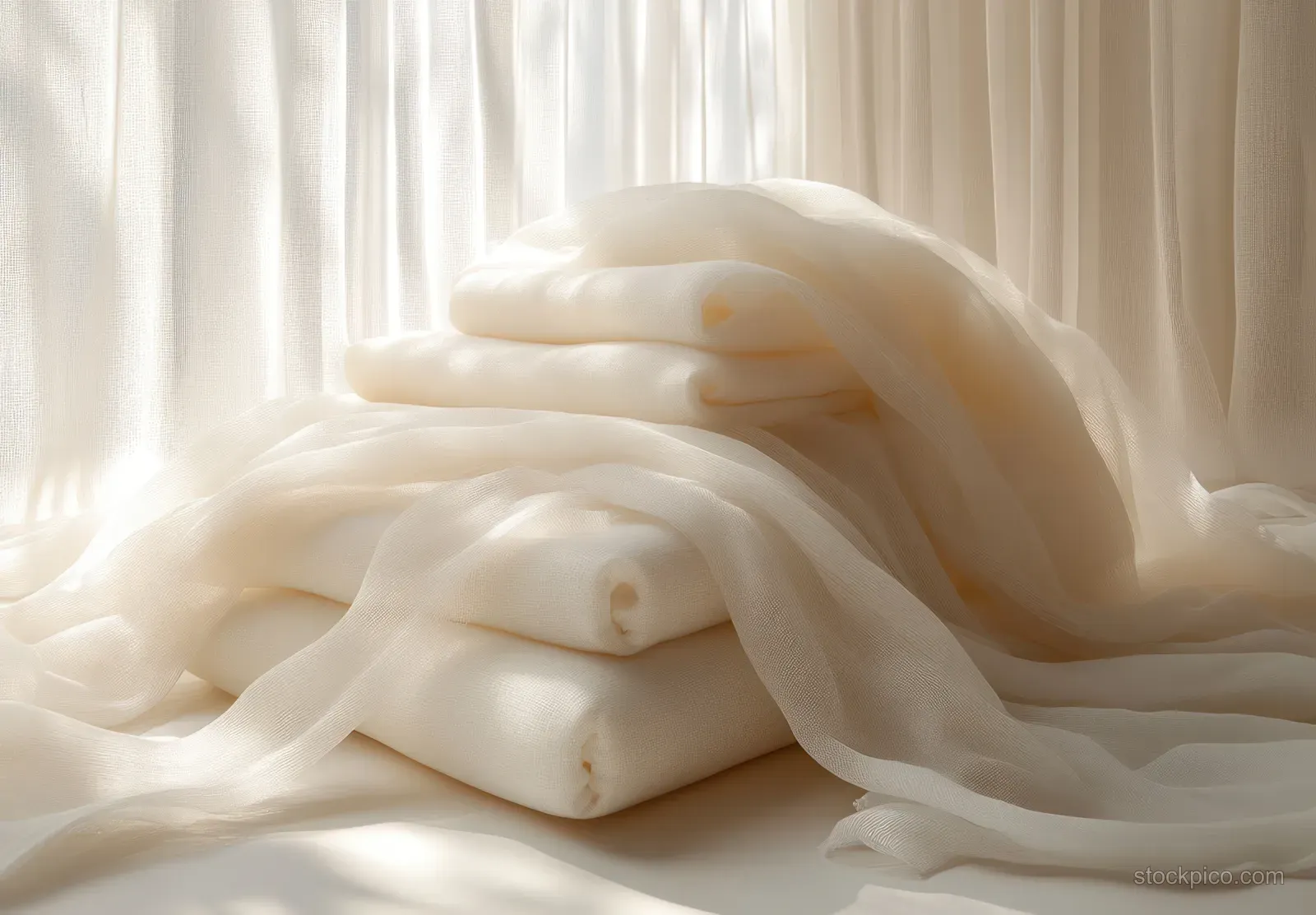 White silk scarf mockup with layered folds and sheer chiffon drape resting on flowing curtain fabric.