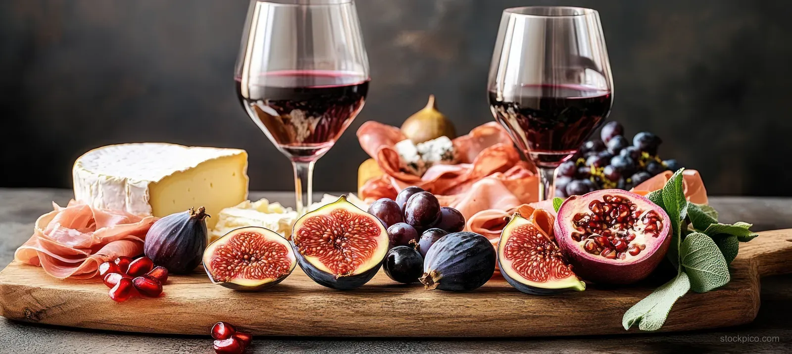 Rustic board holds figs, pomegranate halves, grapes, soft cheese, cured meats, and two glasses of red wine on a dark background.