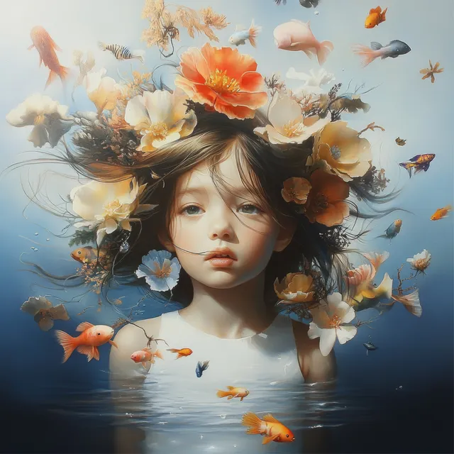 A girl in a white dress swims underwater as flowers and fish float around her in a dreamy blue scene.