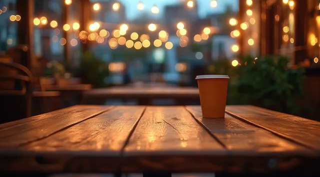 A takeaway coffee cup on a wooden table in an outdoor cafe lit by warm string lights at night.