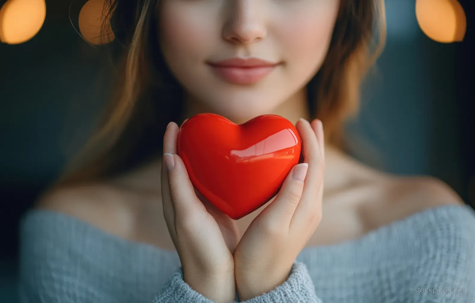 A woman holds a glossy red heart-shaped object with both hands near her chest in soft light.