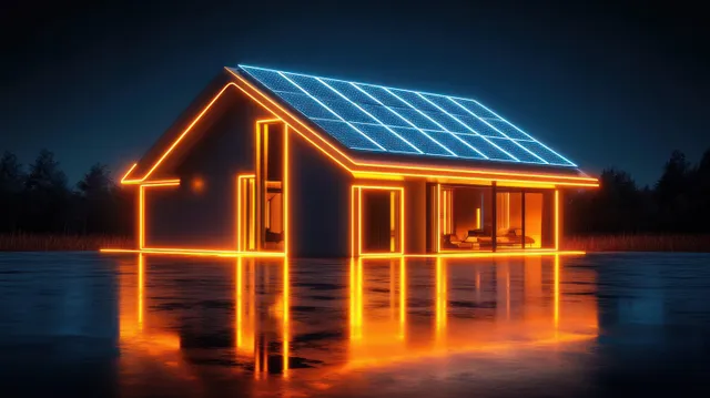 Neon orange outlined modern house with blue solar panels reflected on wet ground at night.