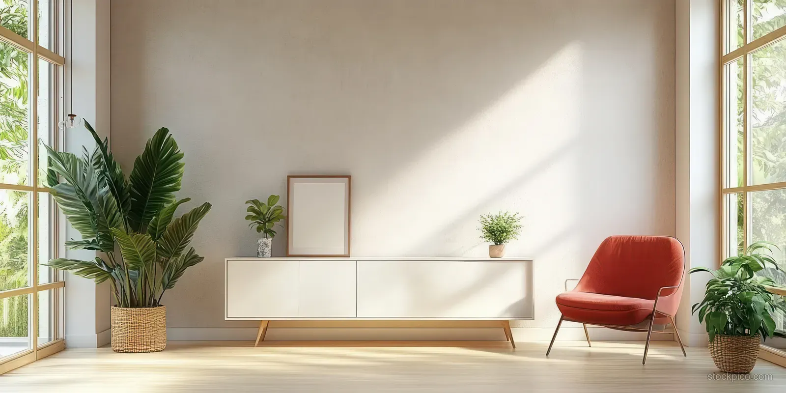 Bright minimalist living room with wall-mounted TV, white cabinet, red chair, and potted plants beside tall windows.