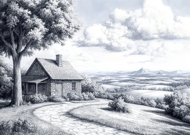 Monochrome pen-and-ink cabin on rolling hills with trees, winding path, and distant mountains under cloudy sky.