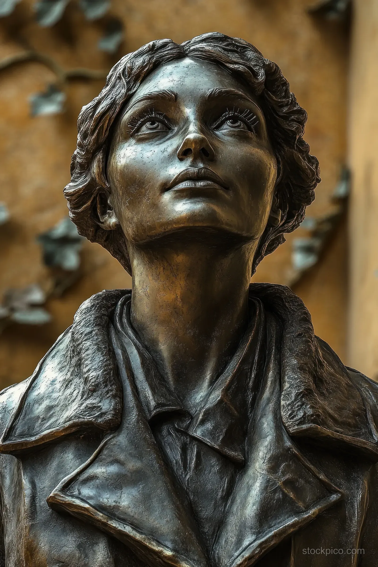 Bronze woman statue with short wavy hair looking upward, detailed textured coat collar against a blurred leaf-pattern background.