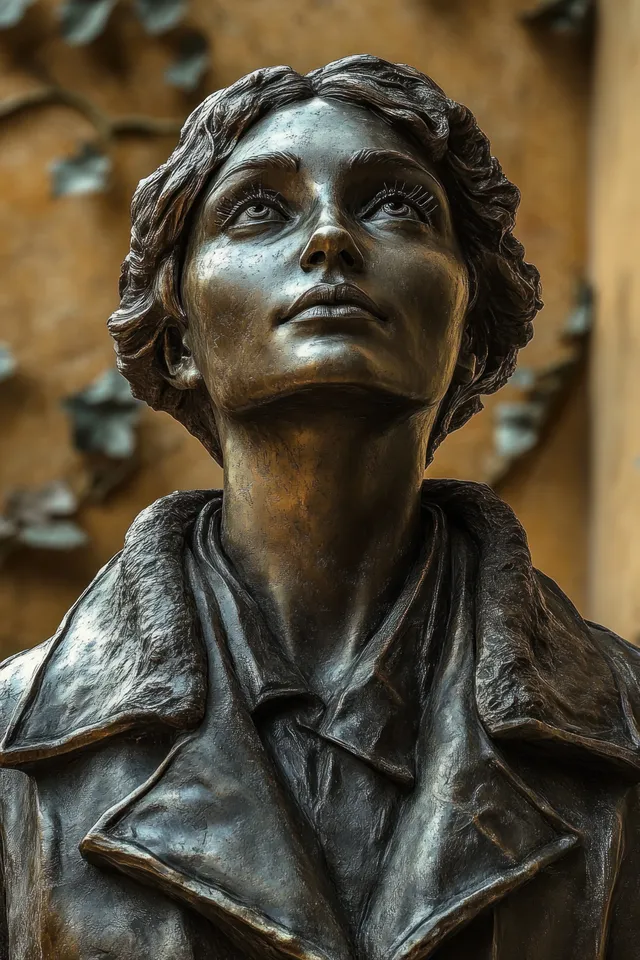 Bronze woman statue with short wavy hair looking upward, detailed textured coat collar against a blurred leaf-pattern background.