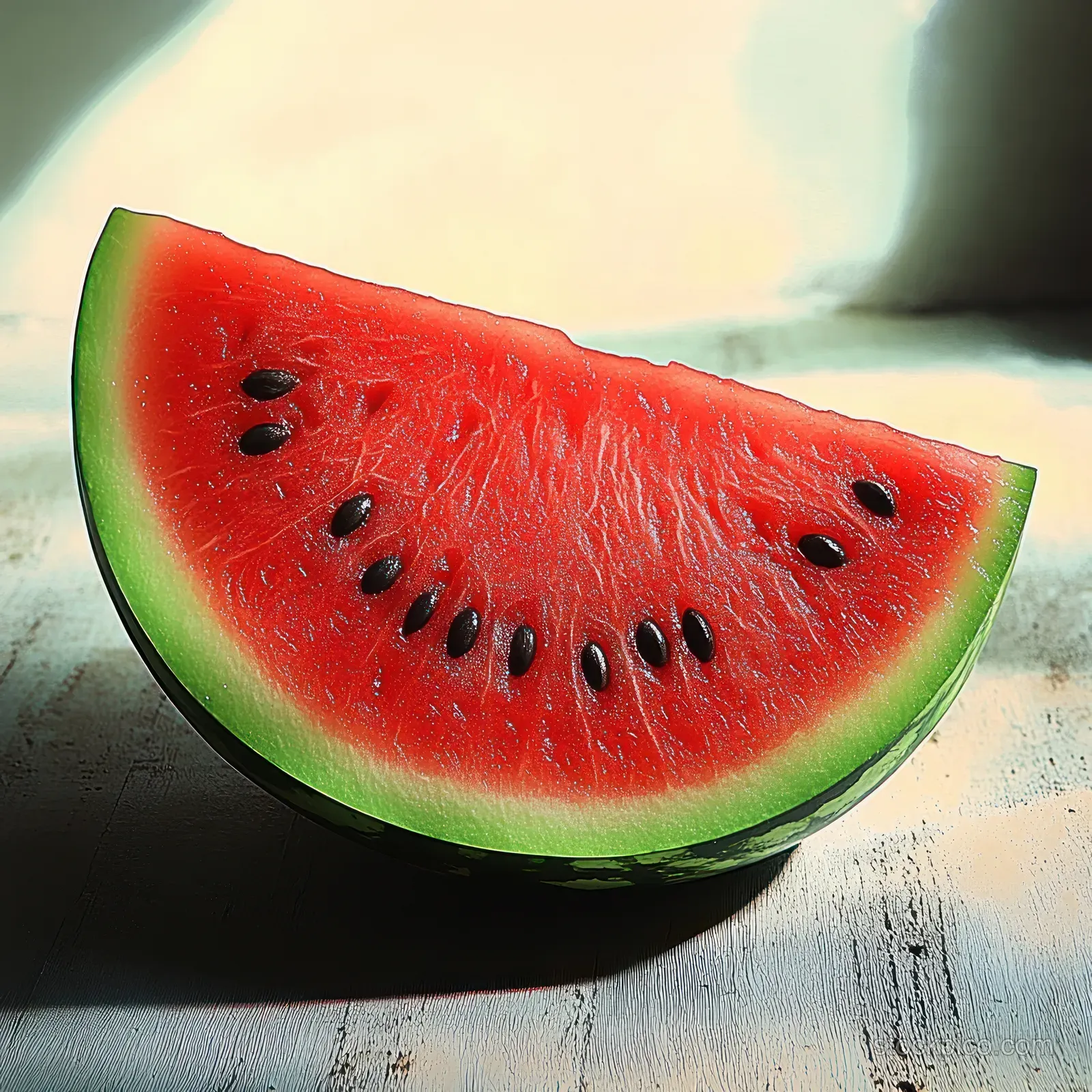 A fresh watermelon slice with red flesh, black seeds, and green rind lies on a wooden surface in soft natural light.