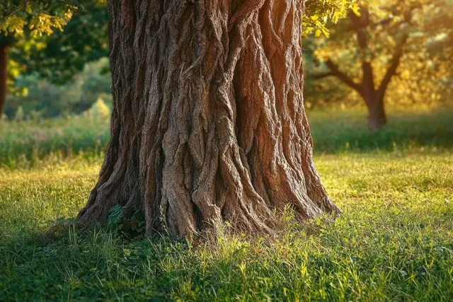 Close-up of textured tree trunk in golden sunlight with green grass and softly blurred woodland background