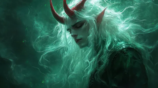 A white-haired succubus demon with red horns is surrounded by an eerie green glow and swirling mist in a dark fantasy setting.
