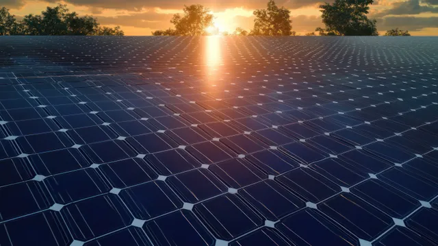 Solar panel grid in a large field at sunrise with sun flare and dark shadows between rows.