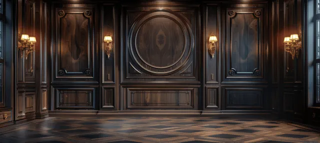 Dark mahogany paneling wall with an ornate circular medallion and warm lit sconces in a Victorian room.