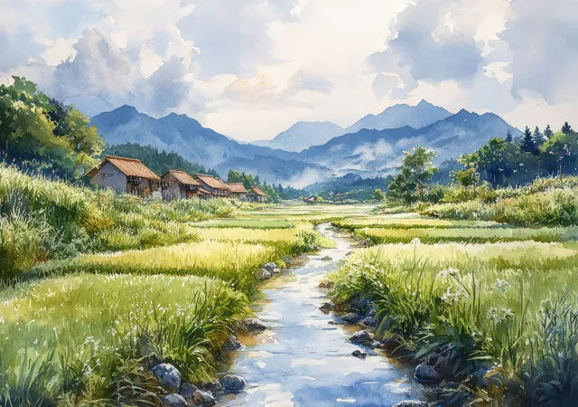 A stream winds through green rice fields toward small houses and distant mountains.
