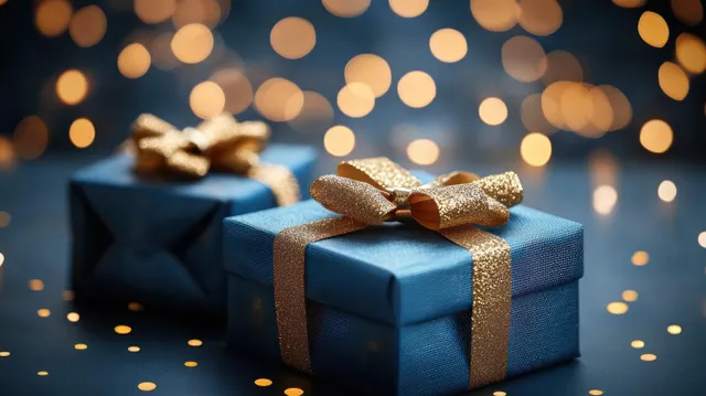Blue Christmas gift box tied with a gold ribbon with warm bokeh lights in a snowy winter night scene.