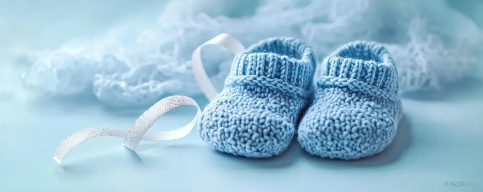 Blue knitted newborn baby shoes with white ribbon ties on a light cyan studio background.
