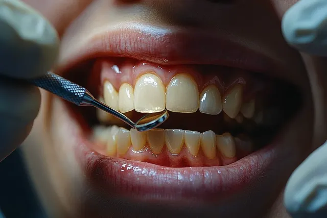 Dentist exam close-up with mirror inspecting upper and lower teeth during oral check