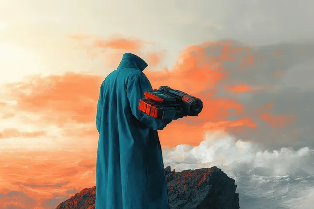 A headless figure in a blue coat aims a futuristic weapon on a rocky cliff under orange and gray storm clouds.