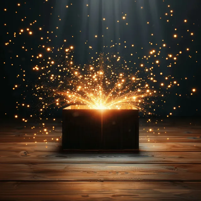 Caja de regalo negra abierta emitiendo partículas de chispas doradas brillantes sobre un suelo de madera en una escena oscura.