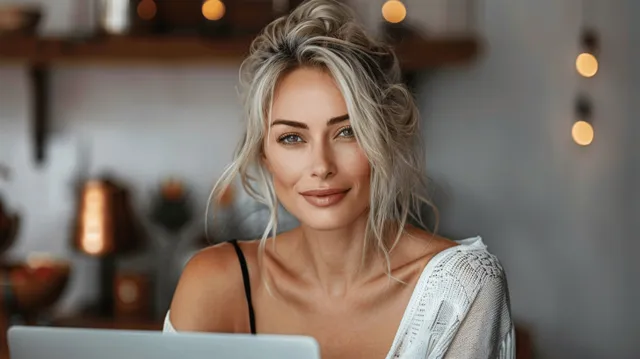 Blonde tattoo artist smiling while using a laptop in a studio workspace