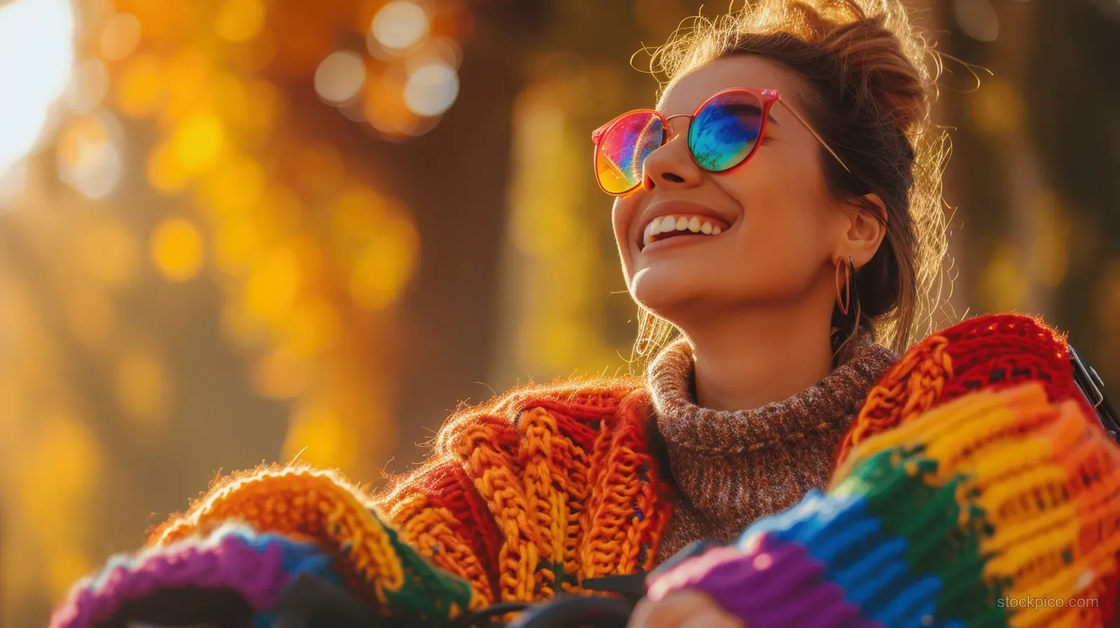 Smiling young woman in a wheelchair wearing a rainbow knit sweater outdoors with warm sunlight and colorful bokeh.