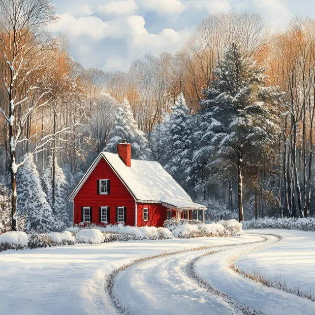 Red cottage on snowy road at dusk, with frosted trees and distant mountains