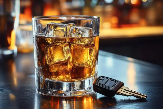 Amber drink in a glass with ice cubes sits beside a car key on a dark bar table.