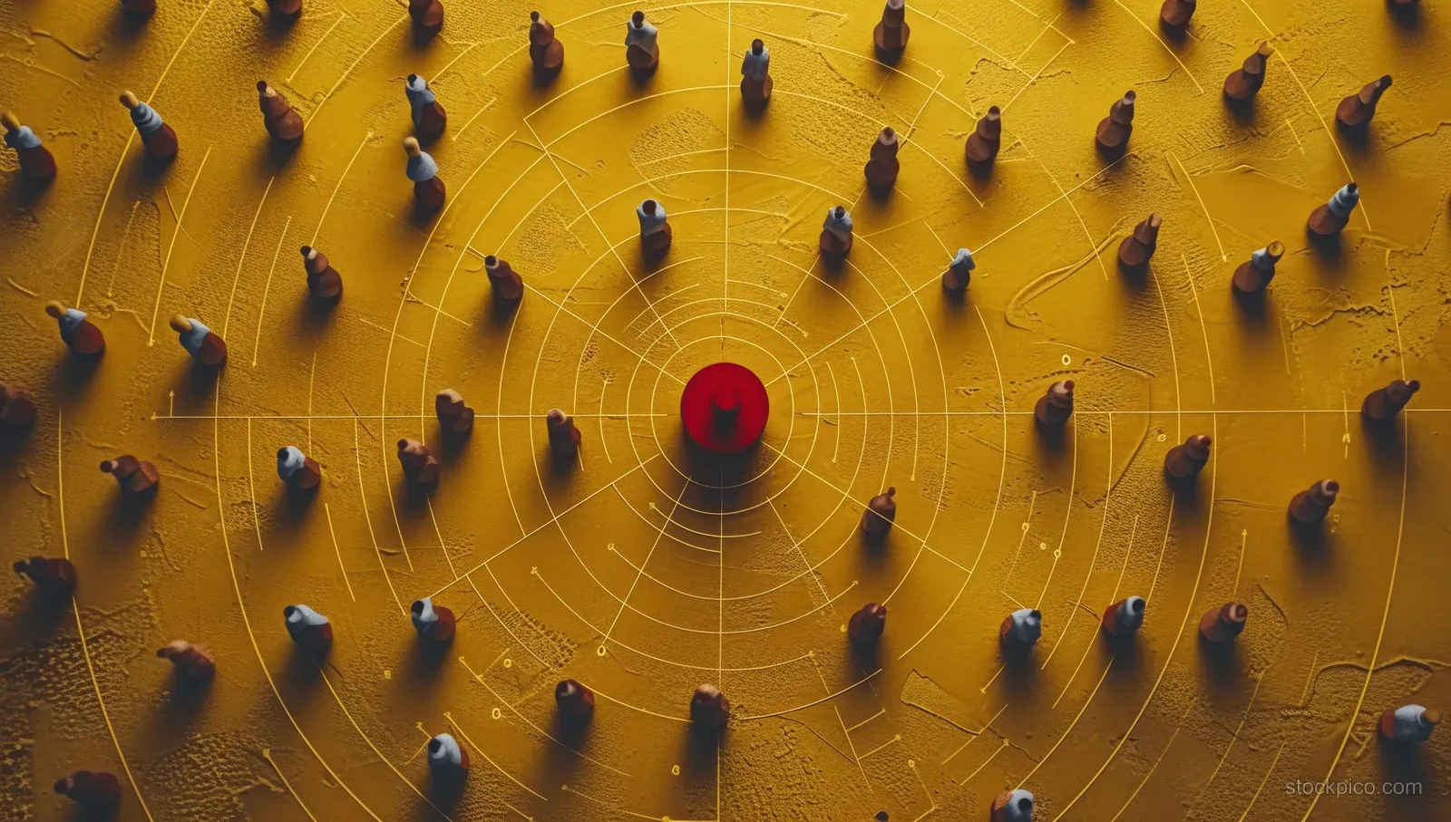 Small people figures cluster around a glowing central hub on a yellow network grid.