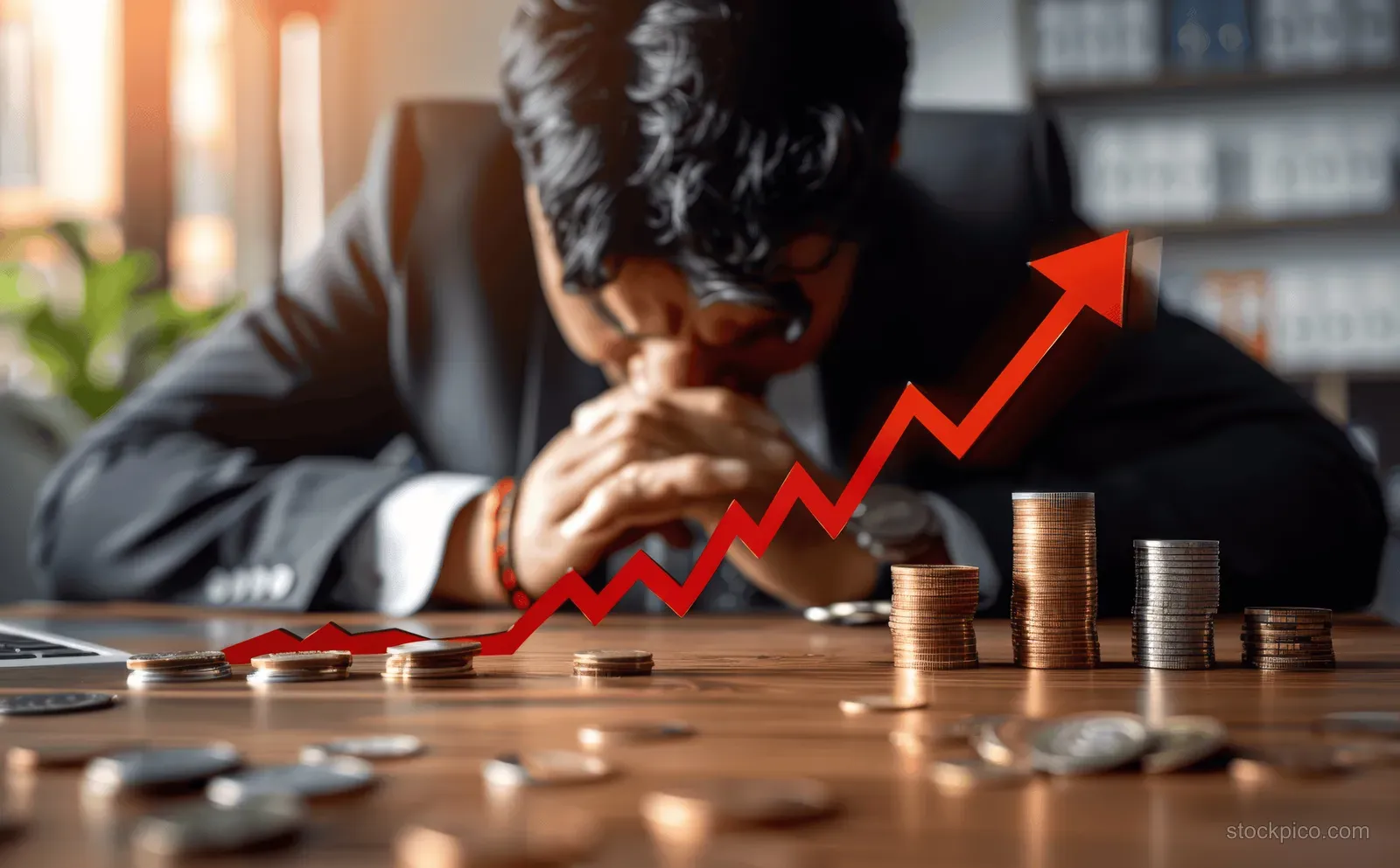 Worried businessman at a desk with coins and documents while a red financial chart overlays falling money.