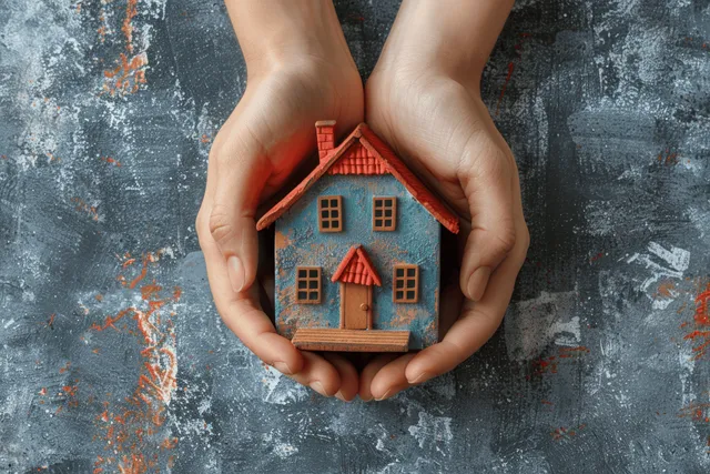 Hands hold a miniature house model on a textured grey background, suggesting home protection and planning.