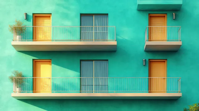 Turquoise apartment facade showing stacked glass balconies, yellow door frames, and geometric window patterns.