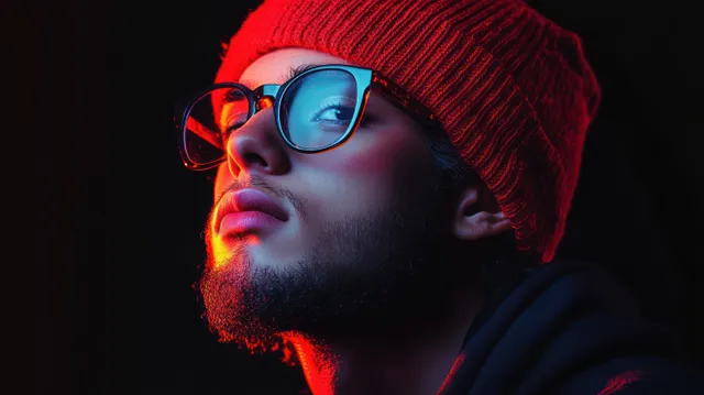 Bearded man in red knit hat in profile, lit by blue and orange dramatic light