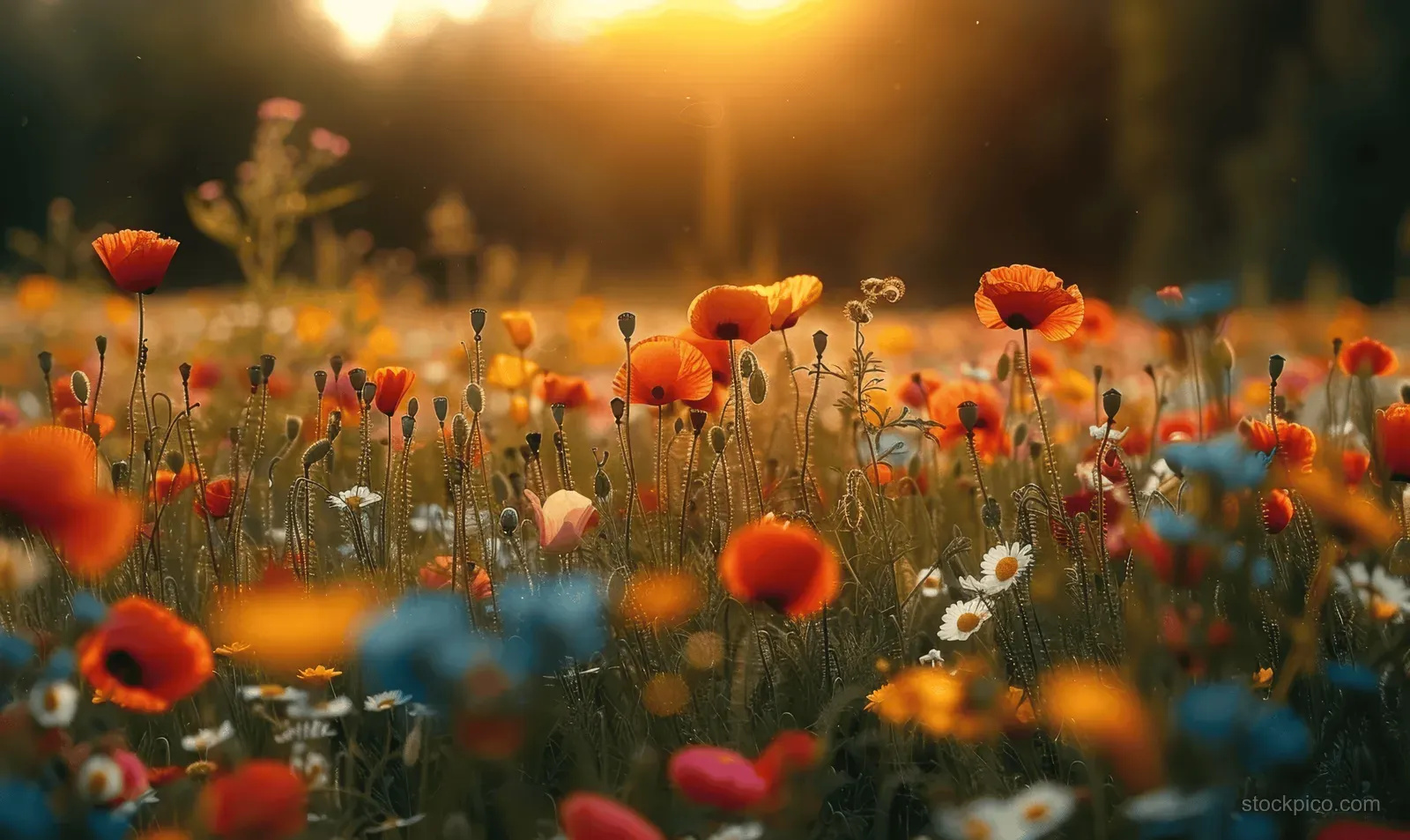 Colorful wildflowers in a meadow glowing with golden sunbeams at sunset.