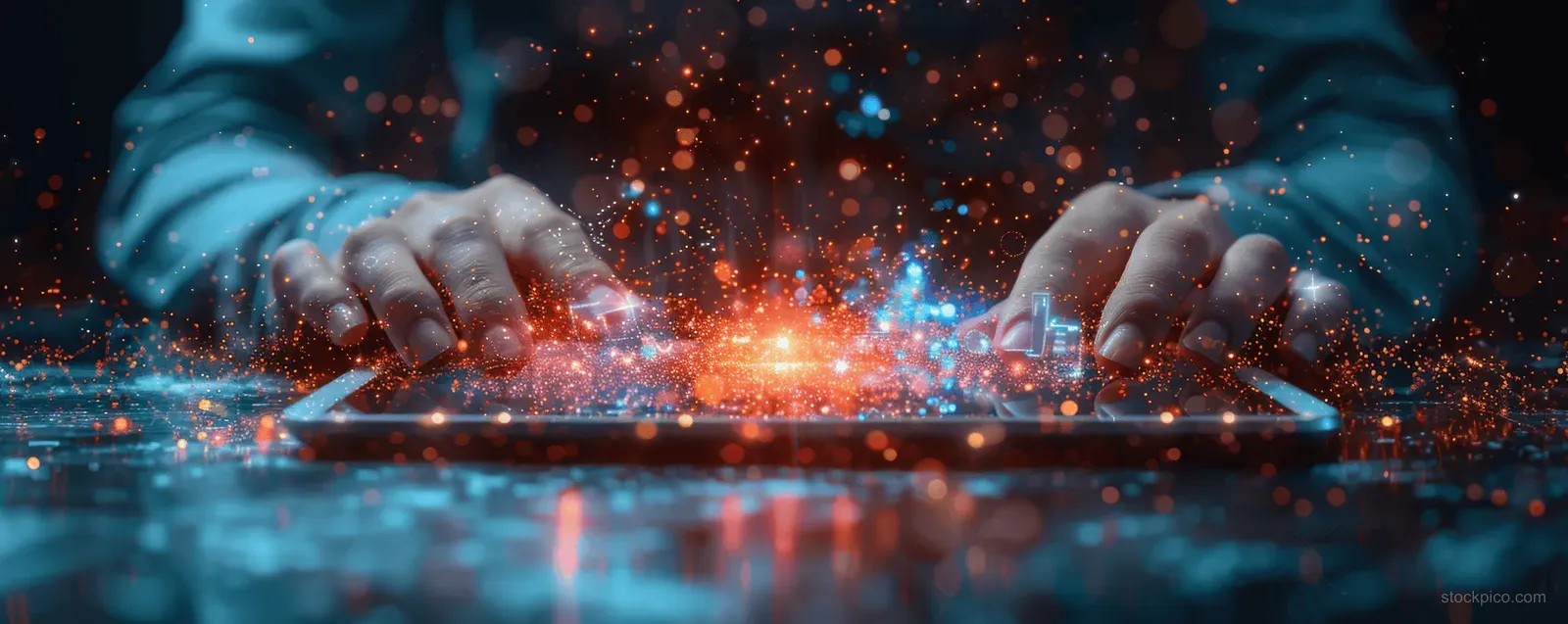 Glowing hands type on a holographic interface with scattered data points and connecting lines in cyberspace.