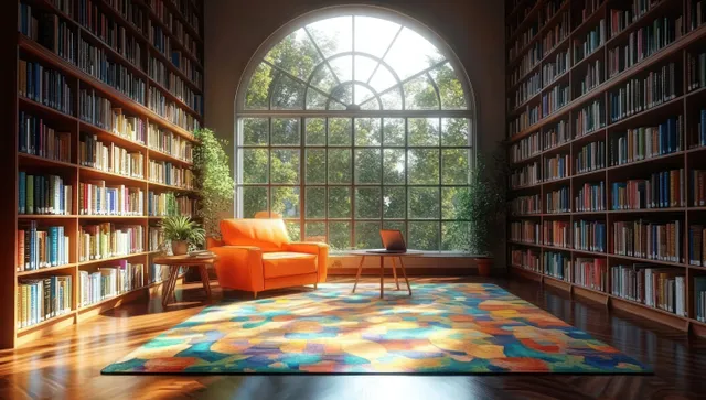 Sunlit library nook with floor-to-ceiling bookshelves, an orange armchair, multicolored rug, and arched window view of greenery.