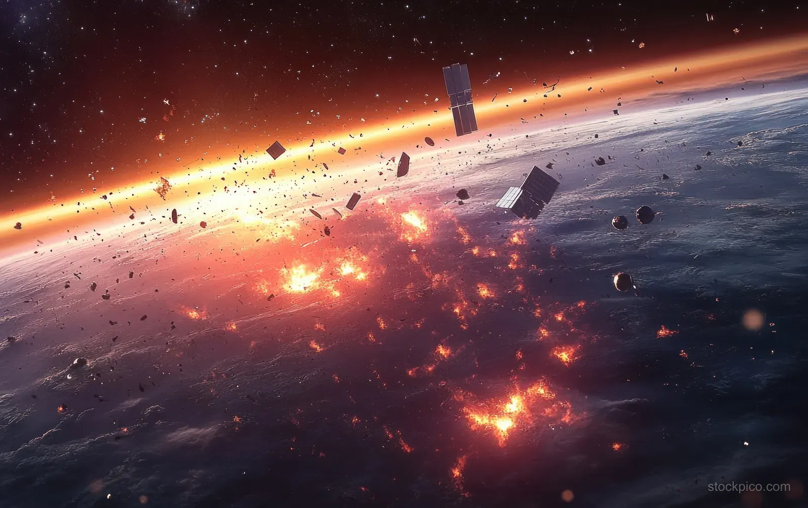 Earth from orbit with burning satellite debris and glowing fragments crossing the foreground at sunset.