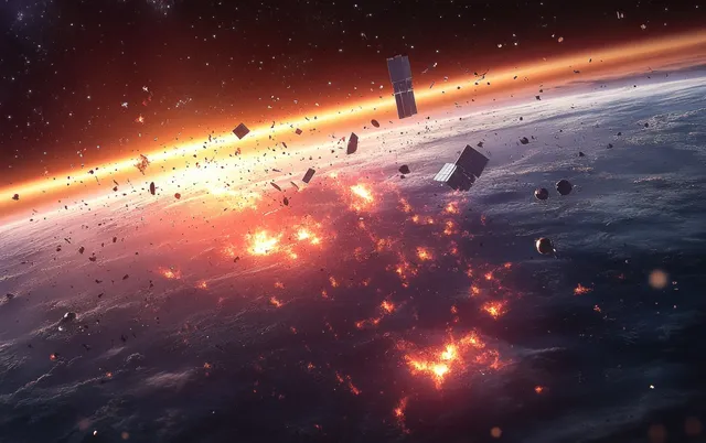 Earth from orbit with burning satellite debris and glowing fragments crossing the foreground at sunset.