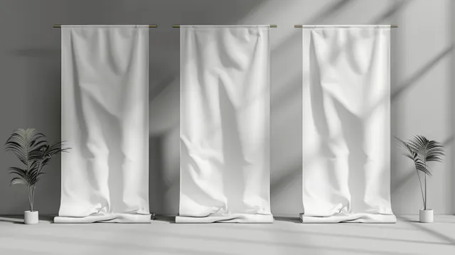 Three empty roll-up banner stands with wrinkled white fabric arranged on a table against a grey studio background.
