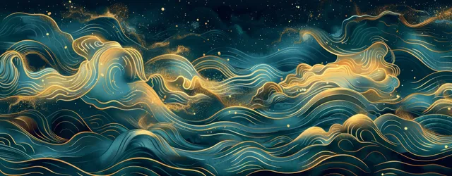 Abstract oriental waves with golden strokes over dark blue and green sea