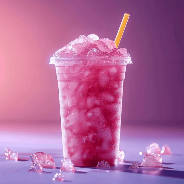 Pink tropical slushy in clear cup with straw and crushed ice on purple background