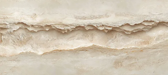 Close-up of beige layered stone wall texture with weathered rough strata