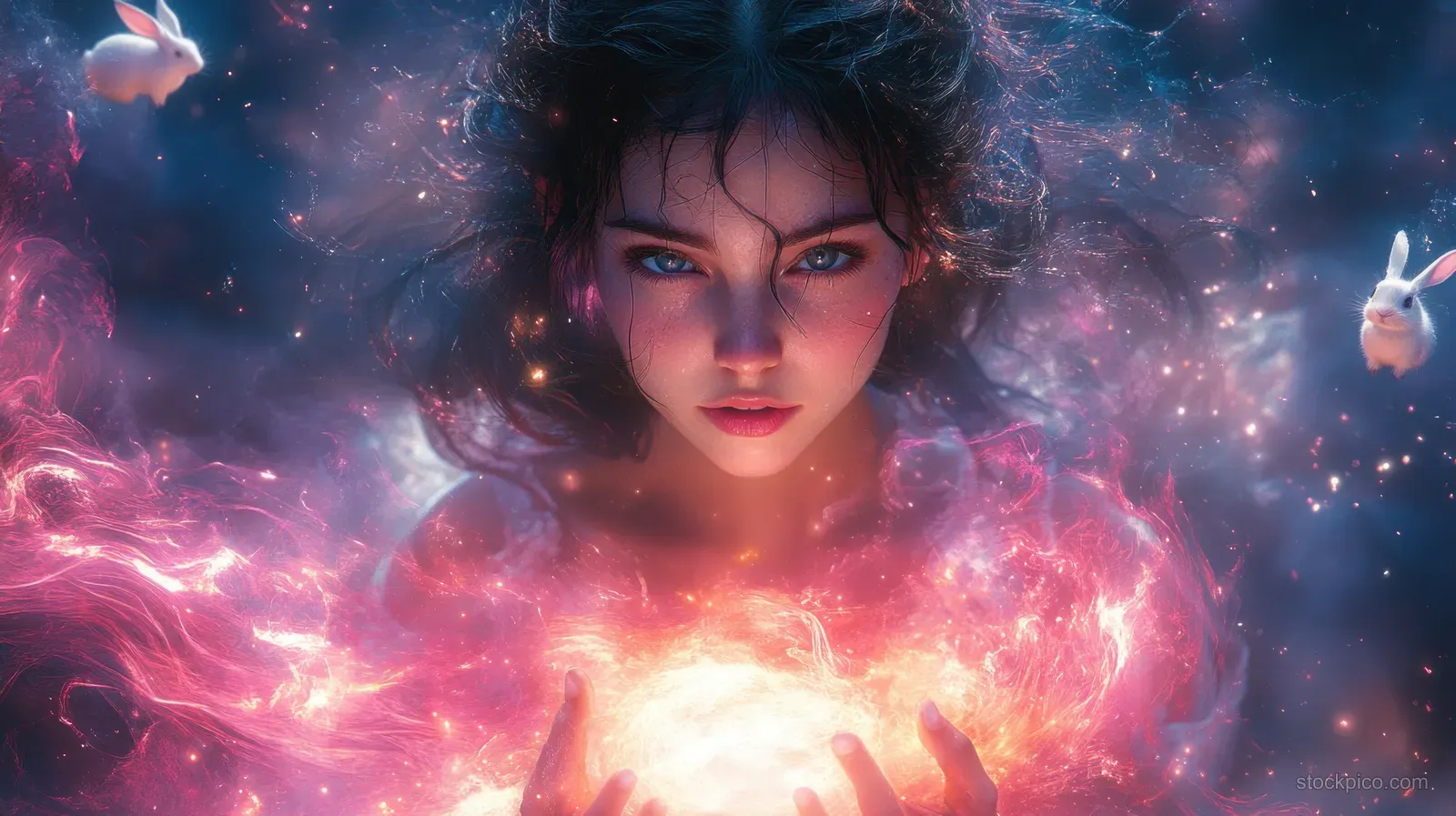 A magical girl calls forth glowing white rabbit spirits as radiant energy swirls around her under moonlit clouds.