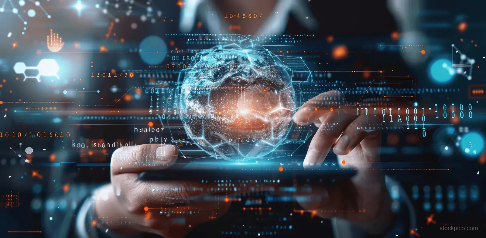 Hands hold a smartphone with a glowing digital globe and network graphics.