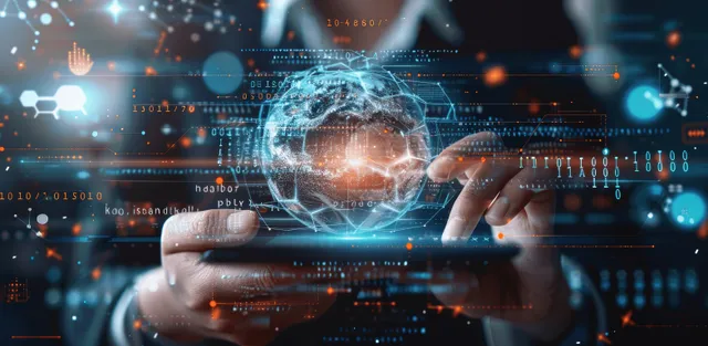 Hands Using Smartphone with Glowing Global Network Interface