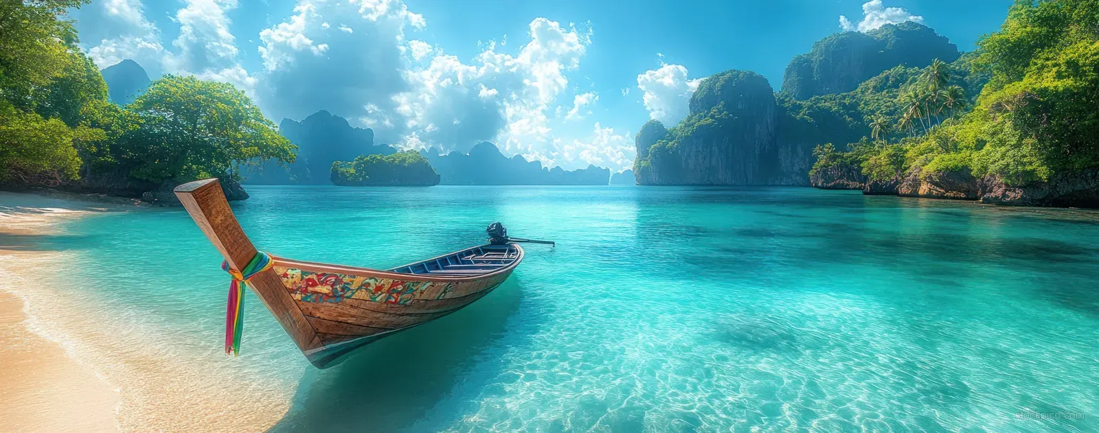 A traditional longtail boat rests in turquoise lagoon water near a sandy beach with lush green mountains in view.