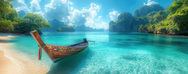 Traditional Thai longtail boat resting on tropical beach beside turquoise lagoon and green mountains