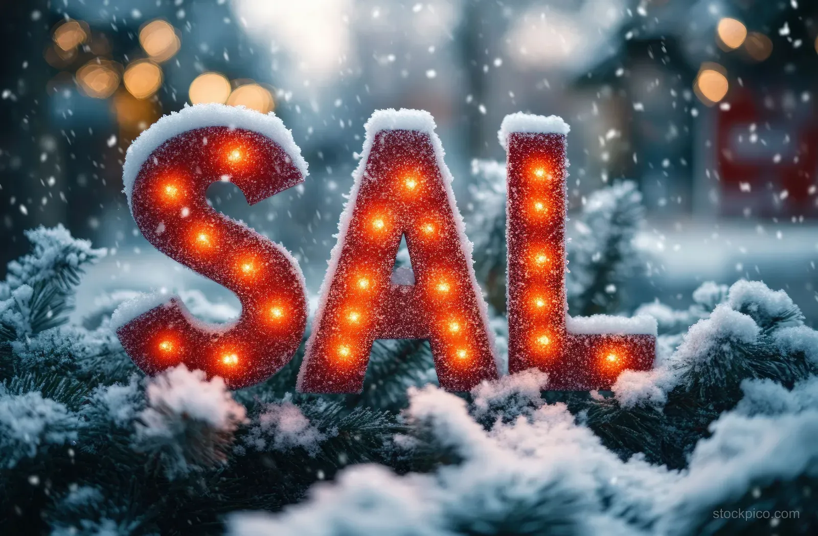 Snow-covered glowing letters spelling SAL in a winter garden with falling snowflakes and frosted foliage.