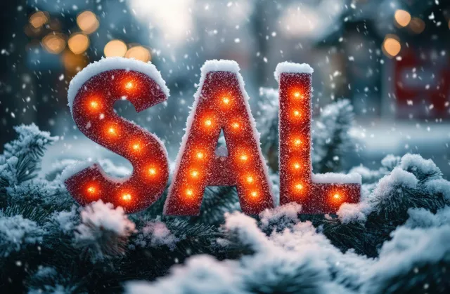 Snow-covered glowing letters spelling SAL in a winter garden with falling snowflakes and frosted foliage.