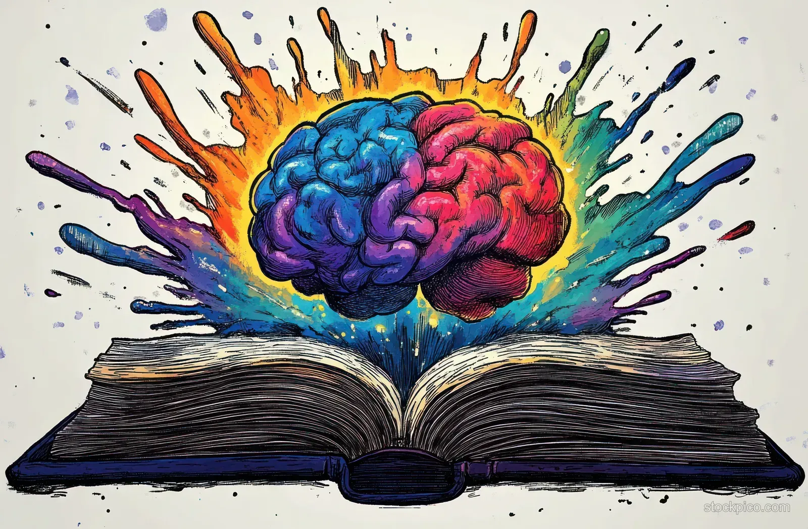 An open book bursts with blue and red paint splashes around a divided brain illustration.