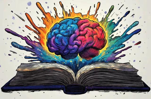 An open book bursts with blue and red paint splashes around a divided brain illustration.