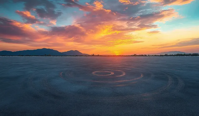 Sunset casts orange light on distant mountains as circular ripples spread across calm flat water beneath dramatic clouds.