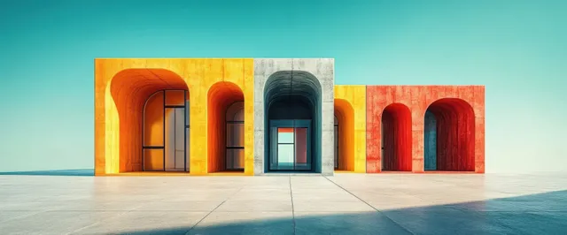 Colorful modern building façade with arched openings and sunlit concrete plaza shadows